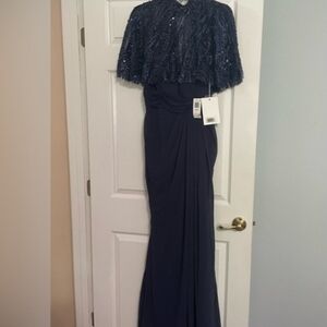 Mac Dughal 240567 Elegant Navy Evening Gown with Sequined Cape